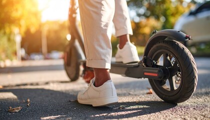 Person riding electric scooter outdoors.