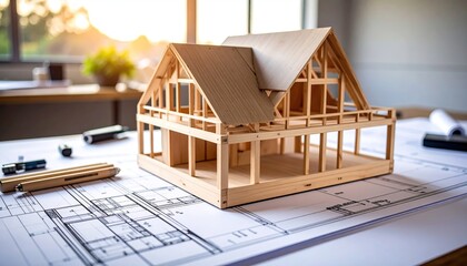 Architectural Model on Blueprint for Home Construction