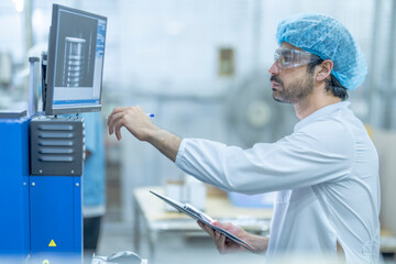 Professional industrial engineer operating automated machine system in modern plant. Male...