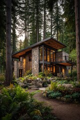 Nestled among towering trees in a serene forest, a charming house constructed from stone and wood glows softly in the evening, its inviting warm light spilling from the windows