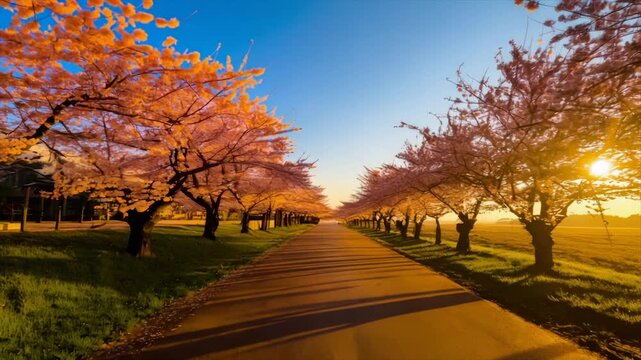 A tree-lined road glows with cherry blossoms at sunrise, with a blue sky