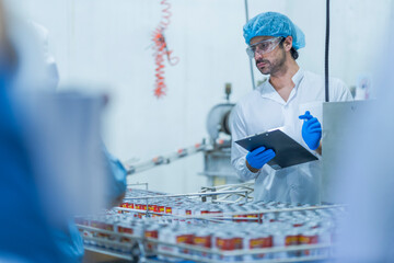 A food processing supervisor wearing protective gear and holding a clipboard, inspecting machinery...