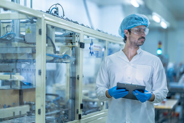 Naklejka premium A food processing supervisor wearing protective gear and holding a clipboard, inspecting operations between machinery in a factory, emphasizing hygiene, safety, and quality control in production