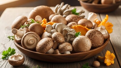 Fresh mushrooms in a brown bowl.