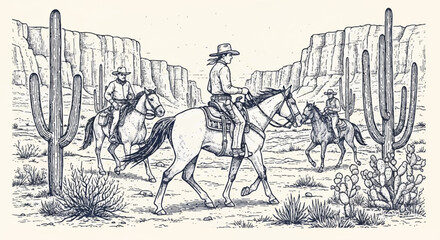 Obraz premium Black and White Illustration of Three Cowboys Riding Horses Through Desert Landscape with Rocky Cliffs and Cacti
