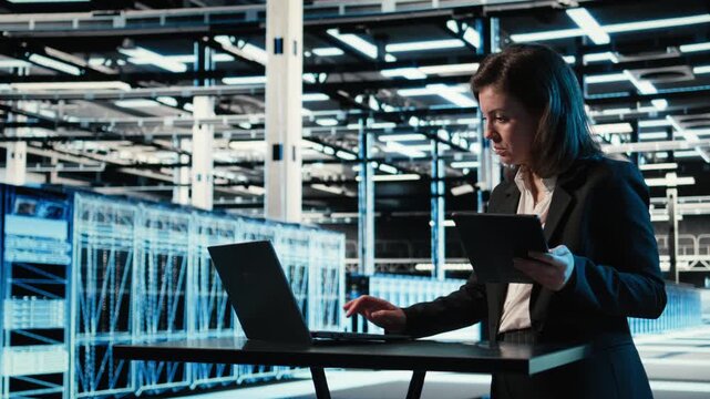 Data center female admin uses devices and AR simulation to conduct security audit on equipment rigs. Woman in server farm uses digital twin scan virtualization to verify firewall protection, camera A