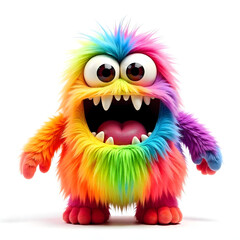 Obraz premium Furry rainbow monster with big eyes and open mouth, sharp teeth, and playful expression