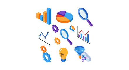 Isometric Data Visualization and Analysis Elements Depicting Business Intelligence