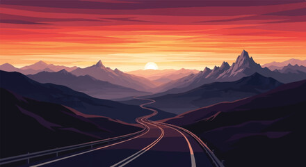 Serene Highway Winding Through Majestic Sunset-Cloaked Mountains for Peaceful Adventure