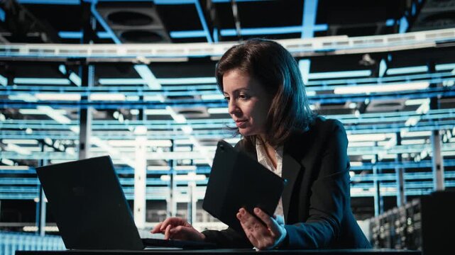 Data center software developer uses devices as control panel for digital twin simulation. Server hub female programmer using laptop and tablet to adjust blue wireframe mesh hardware settings, camera A