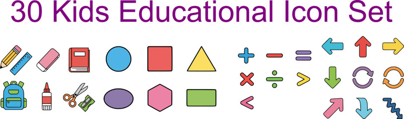 30 educational icon set with school supplies, shapes, math symbols, and arrows. Suitable for kids worksheets, learning apps, presentations, textbooks, and classroom materials