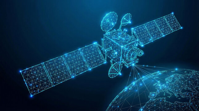 Digital Wireframe Satellite Orbiting Planet Earth in Space