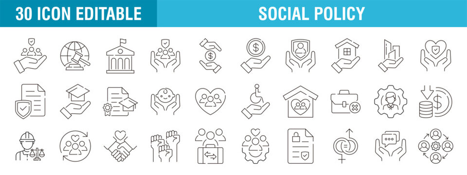 Collection of social policy icons, security, government, welfare, protection, family, vector template editable stroke EPS 10.