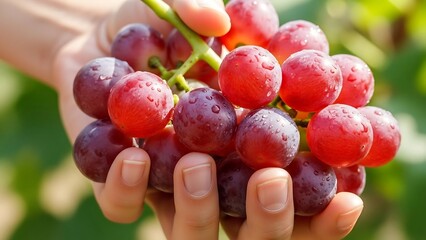 Fresh grapes in a hand outdoors.