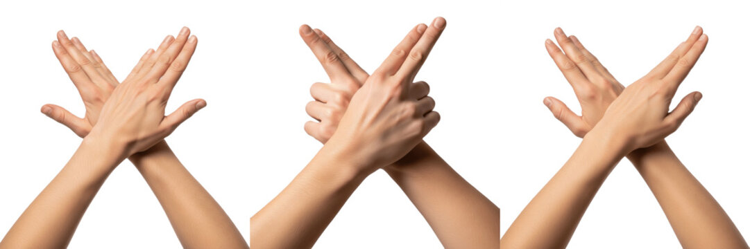 Hand making hands crossed X gesture close-up isolated on white background, human hands showing refusal, stop, or denial signal, hand communication, body language, hand posture, hand expression, finger