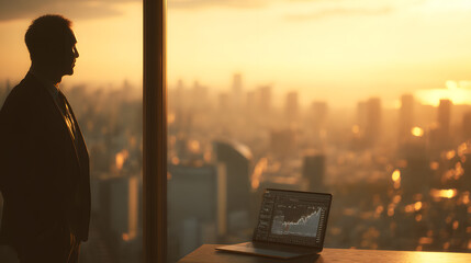 Visionary businessman looking at city skyline during sunset with laptop showing stock market growth charts