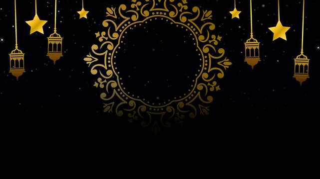 Golden stars lanterns with an ornate circle frame against a dark backdrop. Suitable for festive, elegant design projects.