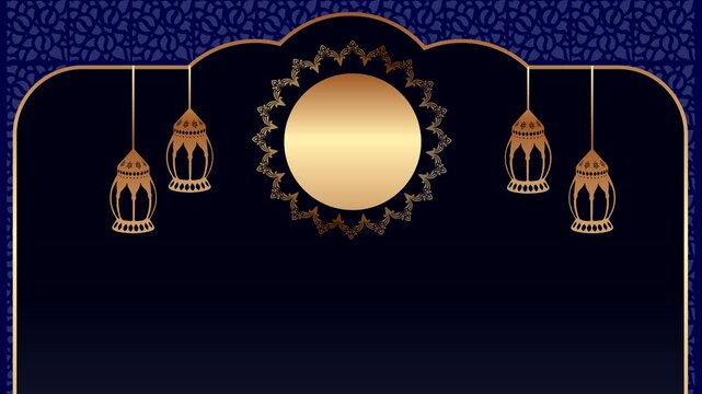 Gold lanterns, sun, navy ornate background design. Perfect for invitations, greeting cards, social media posts, and interior decor.