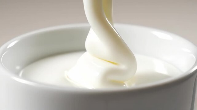 Thick condensed milk pouring into a white ceramic cup. Viscous white liquid folding onto itself in slow motion. Sweet dairy ingredient for baking and desserts