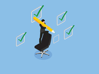 Businessman Standing on Office Chair Checking Off Tasks with Giant Pencil - Productivity and Goal Completion 3d isometric vector illustration