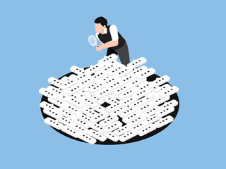 Man Investigating Pile of Speech Bubble Icons with Magnifying Glass - Data Analysis and Social Media Monitoring Concept 3d isometric vector illustration