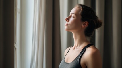 Fototapeta premium Serene woman in tank top with eyes closed and head tilted back, breathing deeply near a sunlit window with soft drapes, embodying mindfulness and peaceful relaxation.