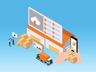 Smart Warehouse Logistics Illustration with Cloud Data Sync, Mobile Order Tracking, and Automated Freight Transport 3d isometric vector illustration