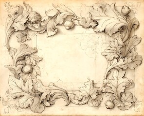 Ornate botanical border design featuring fig branches and curling foliage for vintage style background