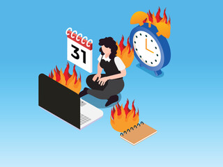 Workplace Burnout and Deadline Stress Concept with Woman Surrounded by Flaming Laptop and Clock 3d isometric vector illustration