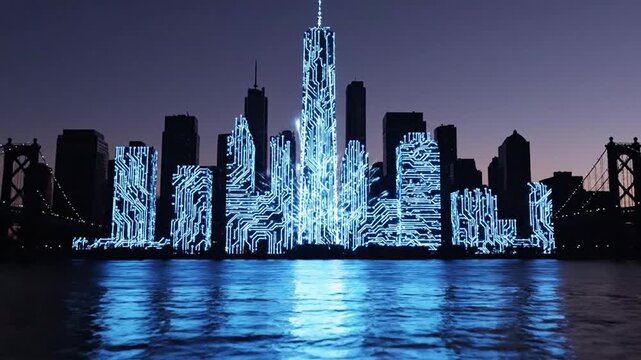 City skyline at dusk with buildings illuminated by glowing blue circuit board patterns urban night.