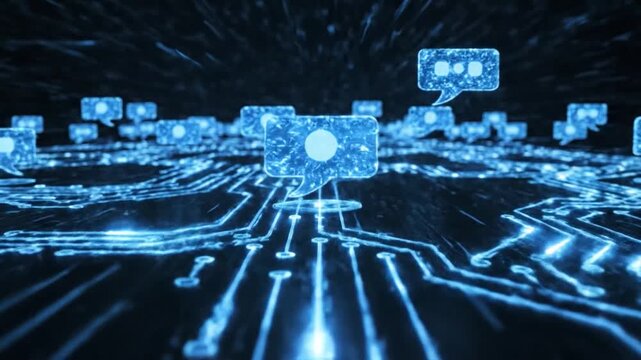 Digital message bubbles floating above a glowing blue circuit board network messages chat bubbles.