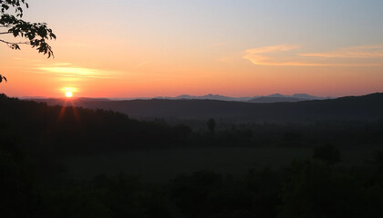 Obraz premium Serene horizon sunset above jungle trees