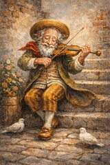 Obraz premium An elderly street musician with a nostalgic expression plays the violin on the stone steps