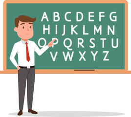 Teacher pointing at a blackboard with ABC letters. Flat vector illustration for primary education and back to school concept.