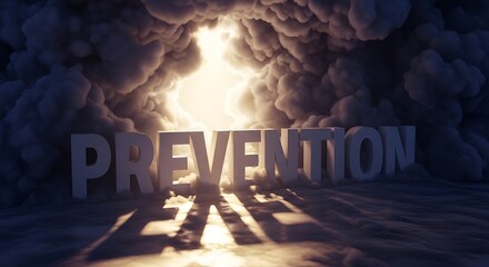 Prevention word emerging from dark cave with bright light, symbolizing hope and safety.