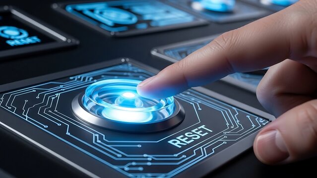 Hand pressing reset button on futuristic panel.