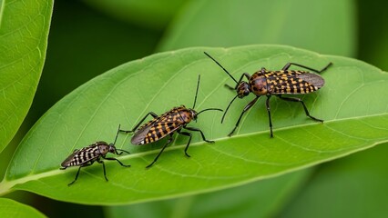 Fototapeta premium Three insects on a green leaf.