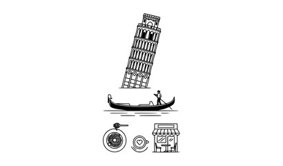 Italian Travel Poster Line Art Illustration with Pisa Tower Venice Gondola and Cafe Food Vector © MdHares