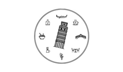 Circular Italian Travel and Food Line Art Badge with Pisa Tower Gondola and Cafe Icons Vector © MdHares