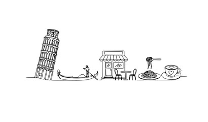 Italian Landmarks and Food Line Art Set with Pisa Tower Venice Gondola Cafe and Pasta Sketch Vector © MdHares