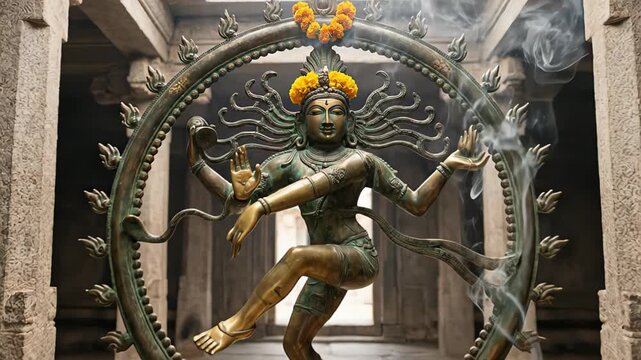 Bronze statue of the dancing hindu god shiva as nataraja inside a stone temple with incense smoke rising, representing the cosmic dance of creation, preservation, and destruction