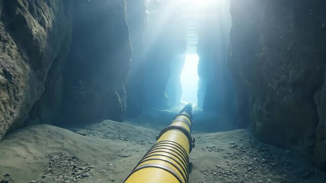 Subsea communication cable running along the sandy ocean floor in a deep underwater canyon, representing global internet connectivity, data transfer, and modern technological infrastructure