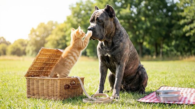 Adorable friendship between a large cane corso dog and a small ginger kitten playing together during a sunny picnic in a green park, showcasing a gentle and playful animal bond