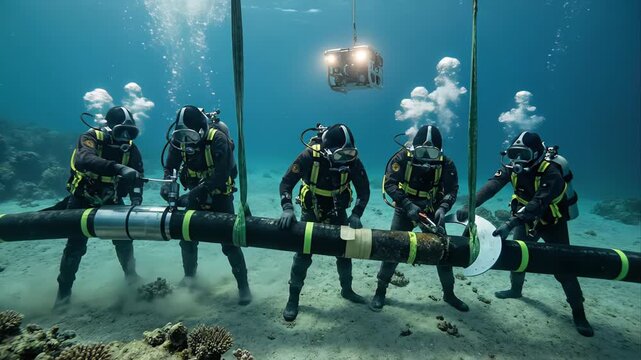 Commercial Divers Repairing Subsea Internet Cable on Ocean Floor: Deep Sea Infrastructure Maintenance Team Working with ROV Drone to Restore Global Data Connectivity.