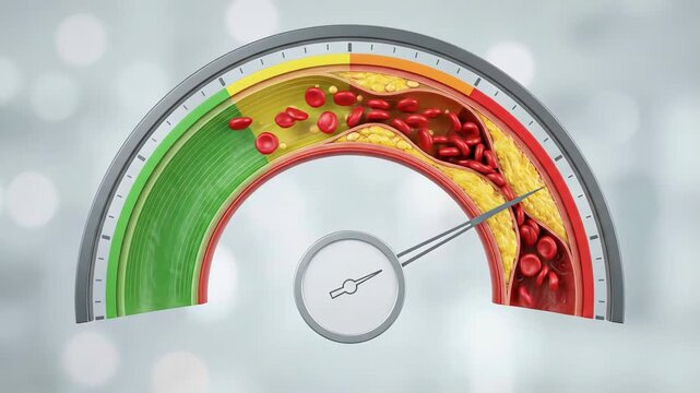 Conceptual animation of a cholesterol meter showing the progression from a healthy artery to atherosclerosis, where fatty plaque buildup narrows the vessel and restricts blood flow