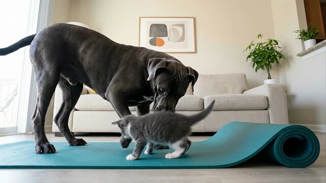 Adorable little kitten playing with a large, friendly great dane on a yoga mat in a sunlit living room. Cute interspecies friendship and heartwarming moment between a cat and dog at home