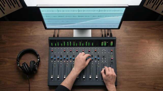 Male hands of a sound engineer working on a professional audio mixer. Adjusting faders and knobs in a recording studio. A computer screen displays audio waveforms during the music production process