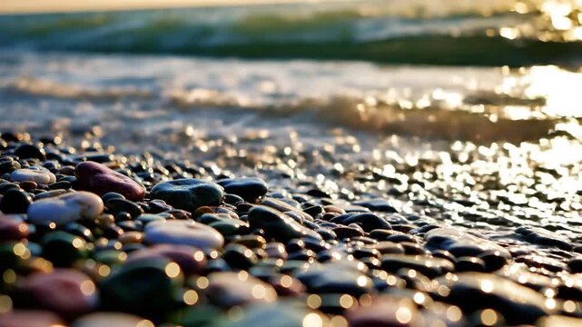 Close-up of wet colorful pebble on a beach shore, with ocean wave in background and sunlight creating a bokeh effect, suitable for travel, nature, relaxation, background, or environmental project.