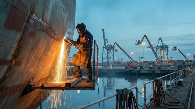 Professional shipbuilder wearing protective gear using an arc cutter to repair a large vessel's hull in a commercial harbor, with bright orange sparks flying from the intense heat