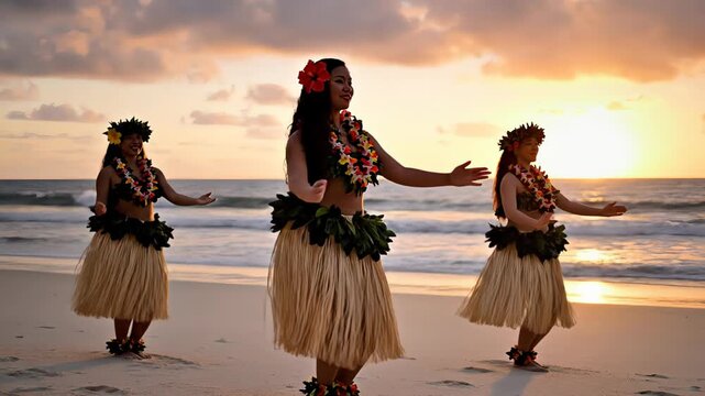 Three graceful polynesian women performing traditional hula on a sandy beach at sunset, wearing flower leis and grass skirts, celebrating hawaiian culture and island rhythm